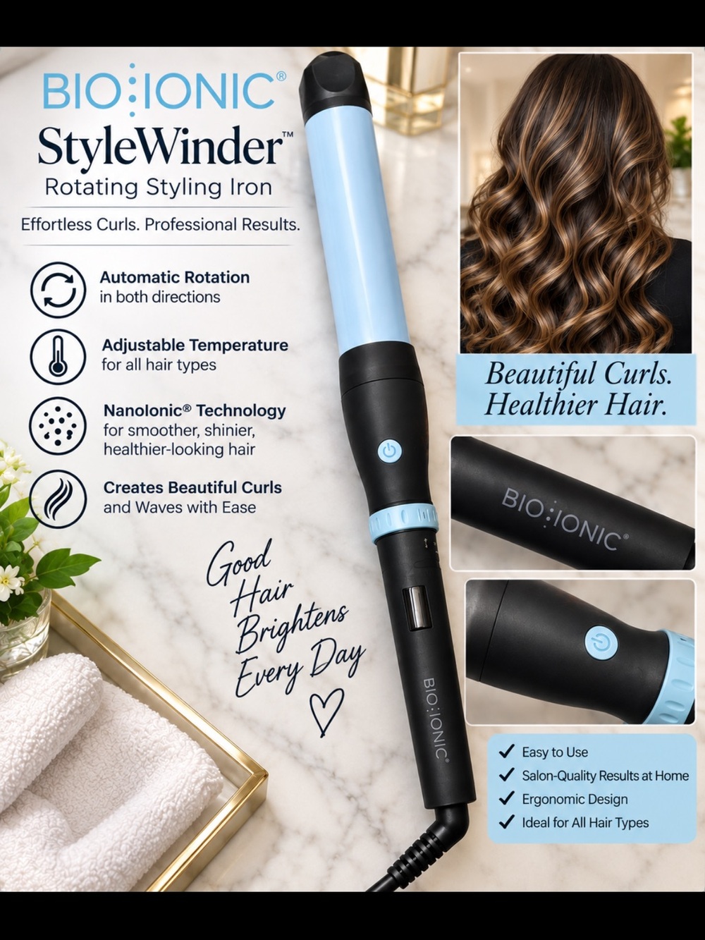 StyleWinder Rotating Styling Iron - Light Blue & Black